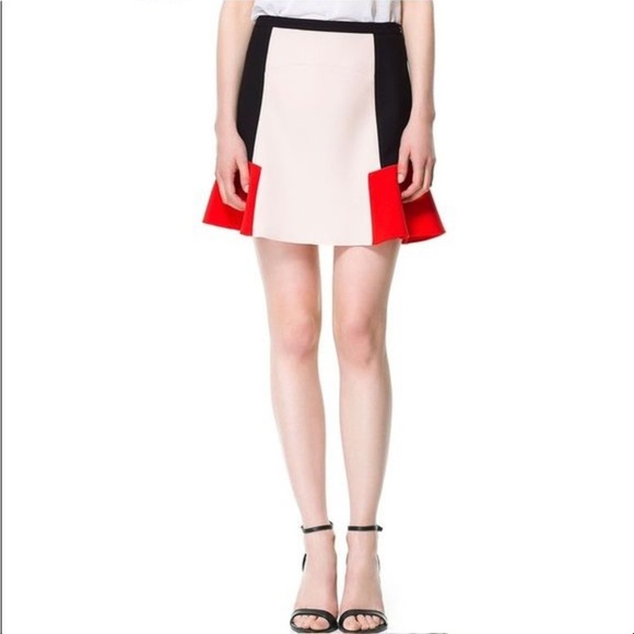 ZARA WOMEN TRI-COLOR BLOCK PEPLUM SKIRT black orange cream sz small preloved - Picture 1 of 9